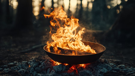 A mesmerizing display of flames erupting from a cast iron pan positioned on a bed of charcoal, creating a warm and inviting atmosphere in a serene forest setting.の素材