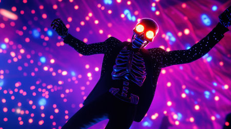 A dynamic portrayal of a neon skeleton dancer illuminating the vibrant atmosphere of a lively nightclub, showcasing the energy and festive spirit of nightlife.の素材