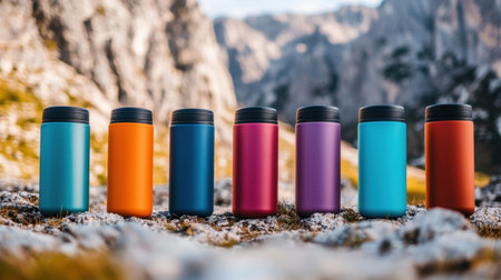 A variety of vibrant travel mugs in beautiful colors are arranged on rocky terrain, surrounded by stunning mountain scenery, perfect for outdoor enthusiasts and eco-friendly lifestyles.の素材