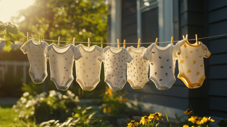 A collection of cute baby onesies hanging on a clothesline in a sunlit backyard, surrounded by vibrant flowers, creating a cheerful and cozy atmosphere of childhood.の素材