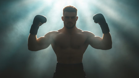 A powerful male boxer stands tall in a dramatic pose, highlighting his strength and determination. The dynamic lighting and smoke create a captivating atmosphere of athleticism.の素材