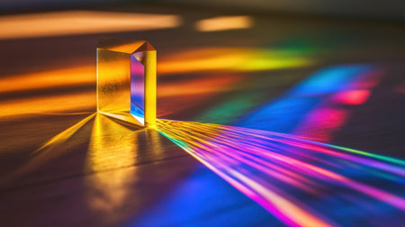 A stunning prism casting colorful light spectra onto a wooden surface, showcasing the beauty of light refraction in an enchanting and serene setting.の素材