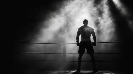 A striking black and white image of a boxer standing in a dimly lit ring, enveloped in smoke, embodying the spirit of determination and resilience in a powerful sports moment.の素材