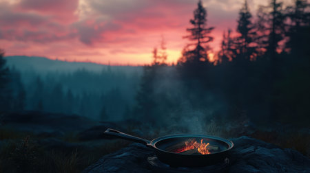 A serene outdoor scene featuring a pan on rocks with a small fire. The vibrant sunset and surrounding trees create a peaceful atmosphere, ideal for camping enthusiasts.の素材