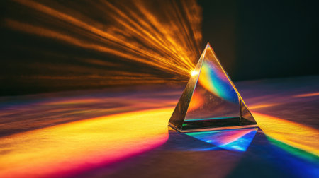 A beautiful crystal prism captures and refracts light, creating a stunning array of colorful beams that dance across a surface in an artistic display of colors and shadows.の素材