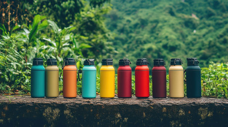 A vibrant array of colorful stainless steel water bottles neatly arranged on a stone surface, set against a lush green backdrop, symbolizing outdoor hydration and adventure.の素材