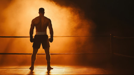 A powerful silhouette of a boxing fighter stands in a ring, enhanced by dramatic backlighting and smoke. This image captures anticipation and strength, embodying the spirit of competition.の素材
