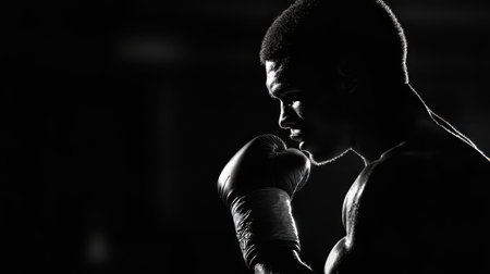 A striking monochrome image capturing a male boxer in profile, exuding intensity and focus as he prepares for a match, showcasing athletic determination and raw energy.の素材