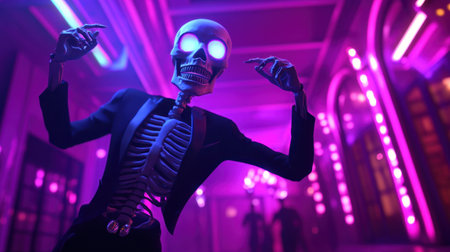 A striking skeleton with glowing eyes dances under vibrant neon lights, captivating all with its energetic presence in a lively, eerie atmosphere, ideal for creative projects.の素材
