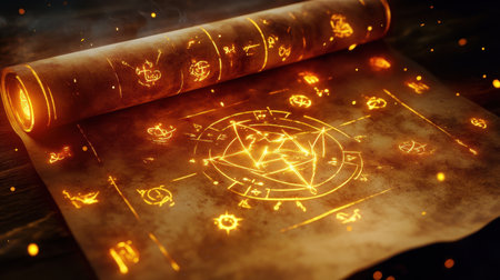 This captivating image features a mystical scroll covered in intricate glowing symbols, ideal for projects related to magic, fantasy, and ancient wisdom.の素材
