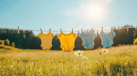 Adorable baby onesies in bright colors hang on a clothesline in a sunlit meadow, creating a cheerful atmosphere with vibrant nature and blossoming flowers around.の素材