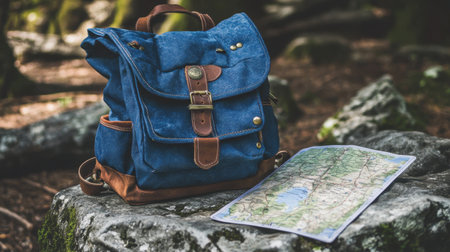 A vintage-inspired blue backpack sits on a mossy rock, showcasing its brown accents, alongside a detailed map, creating a perfect scene for outdoor adventure and exploration.の素材
