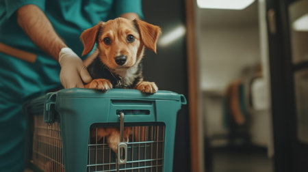 A small and adorable dog peeks out from a veterinary carrier, showcasing the caring hand of a veterinarian in a modern clinic, emphasizing pet care and compassion.の素材
