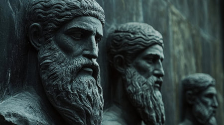 Explore these detailed sculptures of ancient philosophers, showcasing intricate craftsmanship and capturing the essence of wisdom and history in a dimly lit setting.の素材