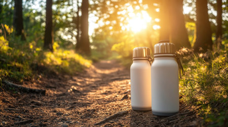 Two sleek water bottles stand on a forest path, illuminated by the soft glow of sunrise, capturing the essence of nature and adventure in a refreshing setting.の素材