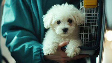 A charming fluffy white puppy rests in a pet carrier, held by a person in a cozy setting, embodying the warmth and joy of pet companionship in everyday life.の素材