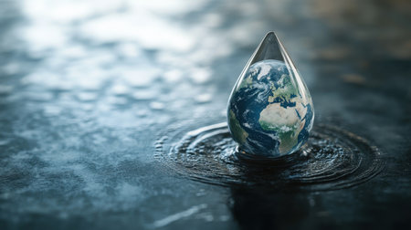 A captivating glass sculpture in the shape of a water drop holds the world inside it, symbolizing the importance of environmental sustainability and water conservation efforts.の素材