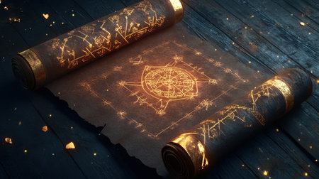 Experience the allure of an ancient scroll adorned with glowing symbols, resting on a dark wooden surface, inviting exploration of its magical and mysterious origins in a fantasy realm.の素材
