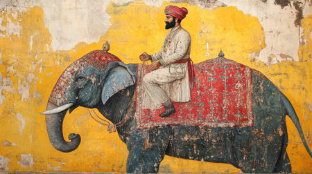An exquisite mural depicting a regal elephant adorned with rich textiles, showcasing traditional artistry and culture against a lively yellow backdrop in an historic context.の素材