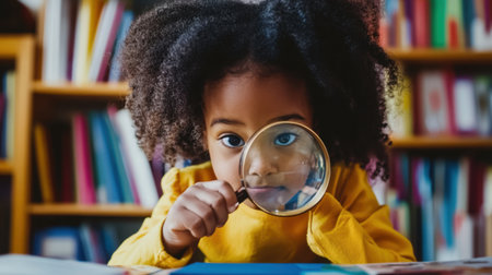 A curious young child with vibrant curly hair examines a book through a magnifying glass, showcasing a moment of wonder and discovery in a colorful library setting.の素材
