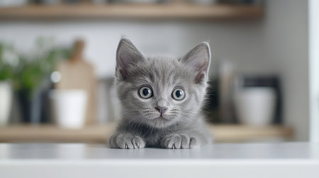 A charming gray kitten with striking blue eyes curiously looks over a kitchen counter, creating a cozy and delightful atmosphere perfect for pet lovers and animal photography enthusiasts.の素材