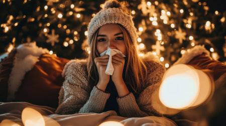 A young woman sits cozily indoors, feeling unwell while surrounded by festive holiday lights and soft blankets, conveying a sense of warmth and comfort during winter.の素材
