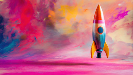A vibrant rocket launches against an abstract colorful background, embodying themes of imagination and creativity, perfect for storytelling and inspirational projects.の素材