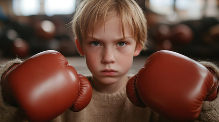 A young boy demonstrates his determination and focus while wearing boxing gloves, ready for training in a professional gym atmosphere. His serious expression shows commitment to the sport.の素材