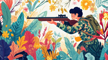 This vibrant illustration features a soldier in camouflage, poised with a rifle amidst lush tropical foliage, capturing the essence of adventure in nature's captivating landscape.の素材