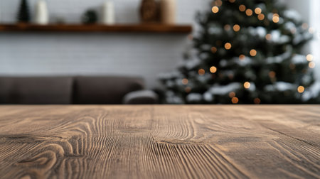 A beautifully rustic wooden table serves as the focal point in a cozy living room, featuring a softly blurred Christmas tree adorned with warm holiday lights, evoking a festive atmosphere.の素材
