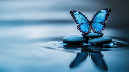 A stunning blue butterfly perched gracefully on smooth stones with gentle ripples in calm water, embodying peace and beauty in a natural, serene environment.の素材