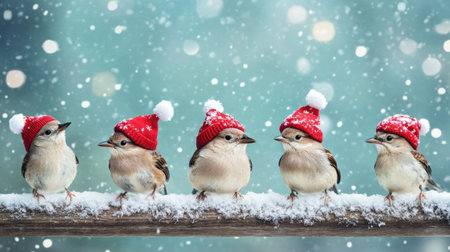 Adorable birds in red winter hats sit on a snowy branch, surrounded by falling snowflakes, creating a heartwarming winter scene filled with joy.の素材