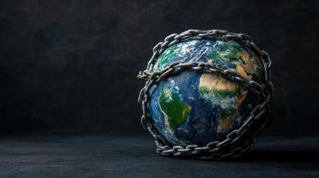 A powerful image depicting a globe encircled by chains, representing the struggles faced by our planet, emphasizing the critical need for global cooperation and sustainable solutions.の素材
