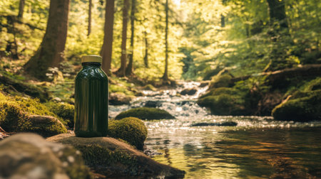 A serene forest stream flows gently through a lush landscape, featuring a green glass bottle resting on a moss-covered rock, symbolizing nature's calmness and purity.の素材