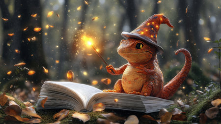 A whimsical creature wearing a wizard hat casts a magical spell from an open book in a serene forest, surrounded by glowing lights and autumn leaves, capturing the essence of fantasy and imagination.の素材