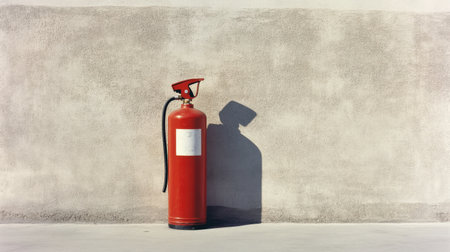 A vibrant red fire extinguisher against a textured wall, casting a detailed shadow. This image emphasizes the importance of safety and preparedness in potential emergency situations.の素材