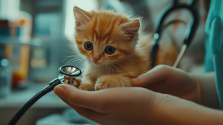 A cute orange kitten is held gently by a veterinarian using a stethoscope in a bright animal clinic, showcasing the love and care provided during routine checkups and examinations.の素材