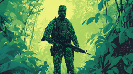 A striking depiction of a camouflaged soldier standing amidst lush green jungle foliage, emphasizing the integration of military tactics with the natural environment.の素材