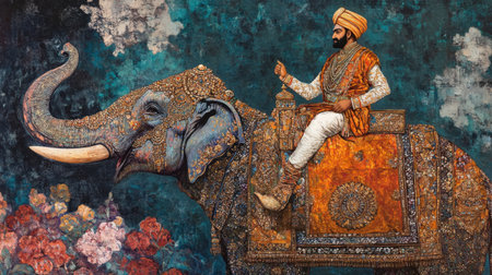 A stunning image showcasing a regal elephant adorned with intricate details, carrying a royal rider dressed in traditional attire, set against a vibrant floral backdrop, embodying cultural richness.の素材
