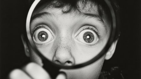 This black and white close-up image features a young boy with wide eyes, peering through a magnifying glass, embodying curiosity and wonder, perfect for themes of exploration.の素材