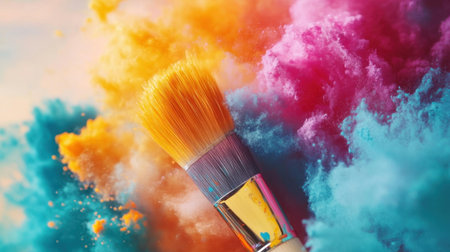 A stunning image showcasing a paintbrush amidst a vibrant explosion of colorful powder. The bright orange, pink, and blue hues create an artistic and dynamic visual effect.の素材