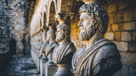 A captivating display of ancient busts set against a stone wall, highlighting the exquisite craftsmanship and rich history of classical sculpture bathed in warm sunlight.の素材