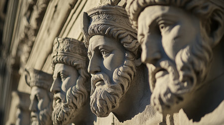This image showcases intricate stone carvings of historical figures, highlighting their majestic expressions and the craftsmanship in classic architectural reliefs.の素材