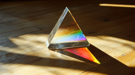 A beautifully crafted glass prism rests on a wooden surface, reflecting a stunning array of rainbow colors in natural light, creating a mesmerizing visual effect.の素材