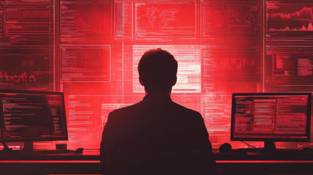 A dramatic silhouette of an individual surrounded by glowing screens displaying digital information, evoking themes of technology, data analysis, and cybersecurity in a modern workspace.の素材