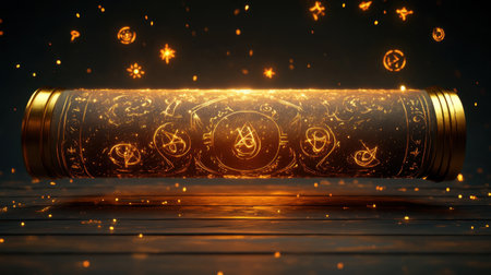 This enchanting image features a mystical scroll adorned with glowing symbols, evoking a sense of ancient magic and profound knowledge in a dark, atmospheric setting.の素材