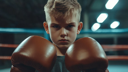 A young boy wearing boxing gloves stares intensely, embodying focus and determination in a training setting. This image captures the essence of youth empowerment through sports.の素材