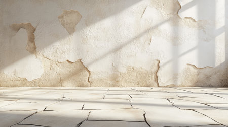 This image features an abandoned room with cracked walls and sunlight streaming through, creating a warm and serene atmosphere ideal for artistic projects.の素材