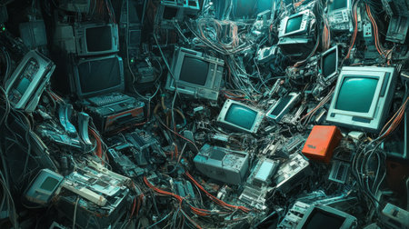 A chaotic scene filled with outdated electronic devices and tangled wires, showcasing a disordered collection of vintage technology and monitors.の素材