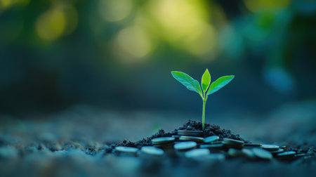 A single green plant emerges from rich soil surrounded by coins, symbolizing growth and investment. The blurred background enhances the focus on sustainability and prosperity.の素材